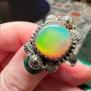 Stunning Southwestern Style Colorful Flash Aurora Opal Sterling Silver 925 Ring